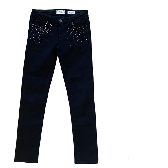 PAIGE Skyline Ankle Peg Jeans in Black Galaxy with Silver Studs Size 27 - Picture 2 of 9